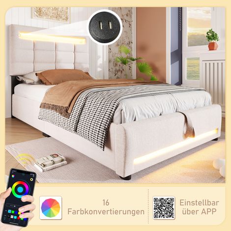 Lit rembourré,90200cm,télécommande APP,avec lumières LED,rangement hydraulique,sans matelas,avec prise USB,en lin,beige (1/5)