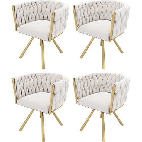 Chaise de salle à manger en velours beige avec piètement métallique doré, lot de 4, fauteuil pivotant 360° (1/5)