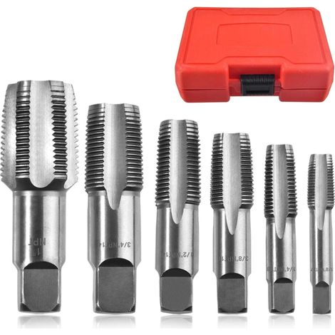 Jeu de 6 tarauds pour tuyaux NPT 1", 3/4", 1/2", 3/8", 1/4" 1/8"Tarauds à fileter, jeu de tarauds NPT, assortiment d'outils de coupe de filetage pour plombiers, mécaniciens et bricoleurs (1/5)