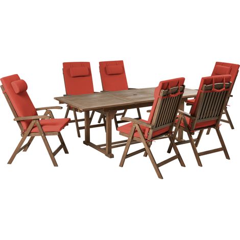 Conjunto de comedor exterior rústico 6 plazas mesa extensible sillas reclinables madera acacia oscura con cojines rojos Amantea Premium