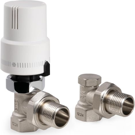 Robinet Thermostatique + Robinet de Retour Kit Complet 1/2 "(15×21), Raccord Fileté, Régulateur de Radiateur, Coude en Équerre, Blanc, Sonde Liquide, Protection Anti-Gel, Norme EN215 (1/5)
