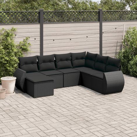 7-tlg. Garten-Sofagarnitur mit Kissen Schwarz Poly Rattan (1/3)