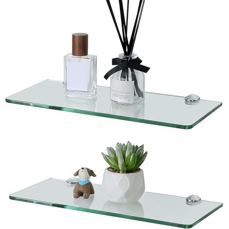 Étagère Murale en Verre Tablette Salle de Bain, Étagère de Douche en Verre Transparent Trempé de 6MM Épaisseur et Chrome Poli Supports, 2 Pcs Longueur 30CM, EGBL1010R-M6-300-C-2PC (1/5)