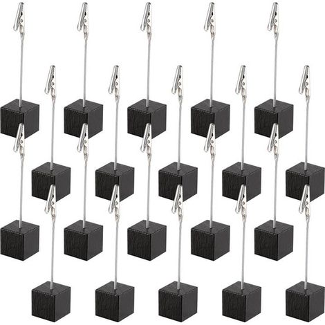 Lot de 20 pinces à photos avec base en bois et pince crocodile en métal – Porte-notes, cartes et photos – Idéal pour bureau, mariage, fête – Noir (1/5)
