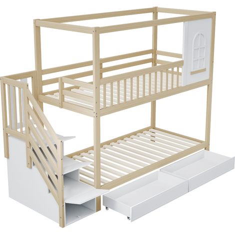 Lit superposé pour enfant 90200 cm, lit double en bois massif, forme maison avec fenêtres, design avec barrières de sécurité, avec tiroirs de rangement et échelle de sécurité, couleur bois, ancienne S (1/5)