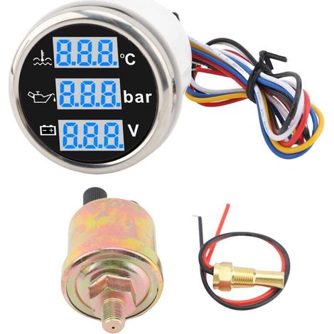 Boat oil pressure and water temperature voltmeter, 52mm multifunctional digital display, IP67 waterproof, triple gauge set, black base, silver frame