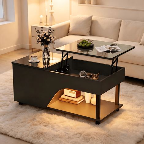 Table basse relevable 100 x 50 x 46 cm, avec rangement caché, design creux, éclairage LED brillant et tablette latérale – pour salon (1/5)