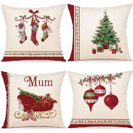 Housse de Coussin - Décoration Noël - Lot de 4 - 40x40 cm - Coton et Lin - Fermeture Éclair Invisible (1/4)