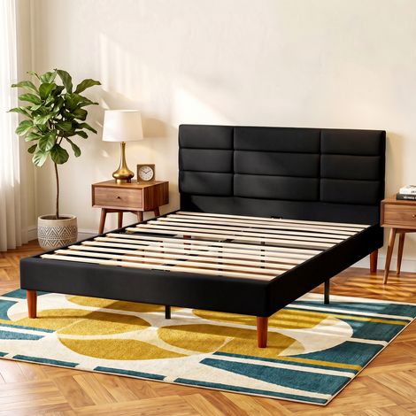 Cadre de Lit 140 x 200 cm avec Sommier Bois, Lit Double Rembourré en Effet Lin, Rangement au-dessous, Sans Bruit, Noir (1/5)