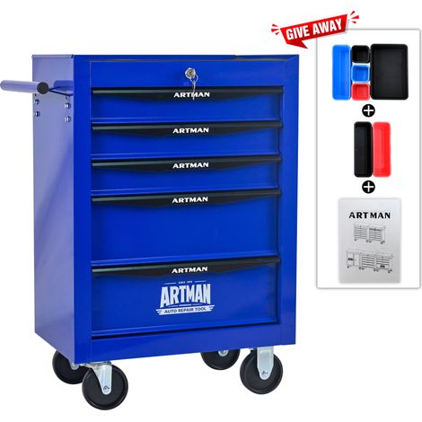 Armoire à outils mobile en métal à 5 tiroirs, 508 mm (20 pouces), avec 5 tiroirs et glissières à billes, boîte à outils de rangement en acier – noir et bleu (1/4)