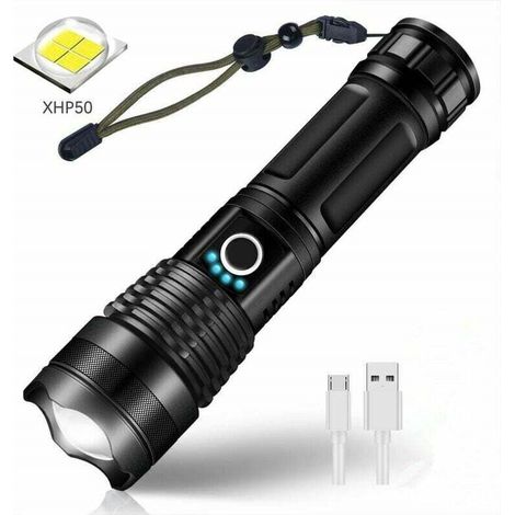 LED USB Rechargeable Ultra Puissante 3000 Lumens CREE XHP50 Lampe Torche, 5 Modes IP65 Étanche Militaire Zoomable pour Camping Randonnée(Pile Rechargeable Incluse) (1/4)