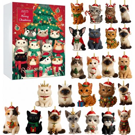 Calendrier de l'Avent de Noël, boîte surprise, pendentif chat en acrylique, 24 décorations pour sapin, boîte cadeau surprise B (GJ507-002) (1/5)