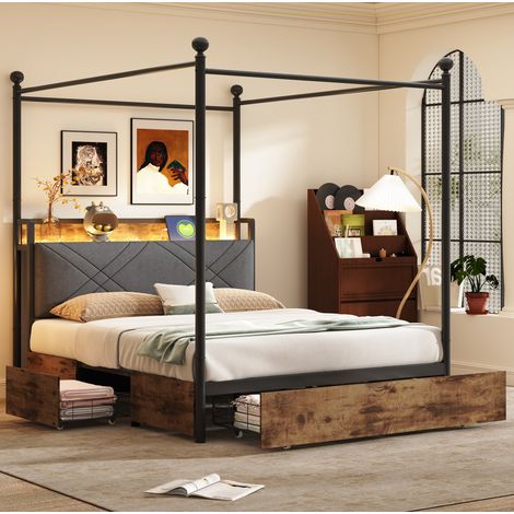 Lit chambre adulte rangement coffre 140x190 métal noir HAVRYA (1/5)
