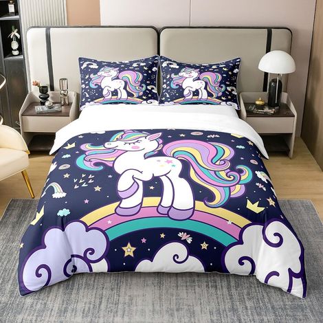 Licorne Coton Housse de Couette 140x200cm Arc - en - Ciel Cheval de rêve imprimé Literie Set Garçons Filles Animaux Magiques décoration Parure de lit Bleu Housse de Couette 2 pièces - 140 x 200 cm + 1 (1/5)