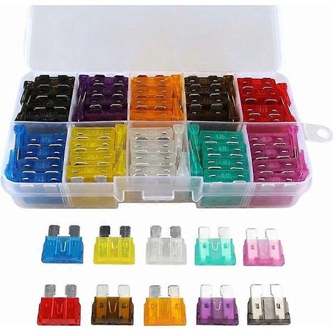 Set mit 100 verschiedenen Flachsicherungen für Autos, LKWs, Motorräder, Boote und SUVs (2A, 3A, 5A, 7,5A, 10A, 15A, 20A, 25A, 30A, 35A).