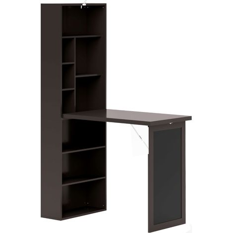 Bureau pliable mural avec bibliothèque, tableau à craie et étagère réglable, 98x51x153cm, Marron (1/5)