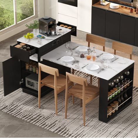 Isla de cocina extensible 58-154x80,5x94 cm con LED, USB Type-C, almacenamiento y ruedas MDF - negro (1/5)