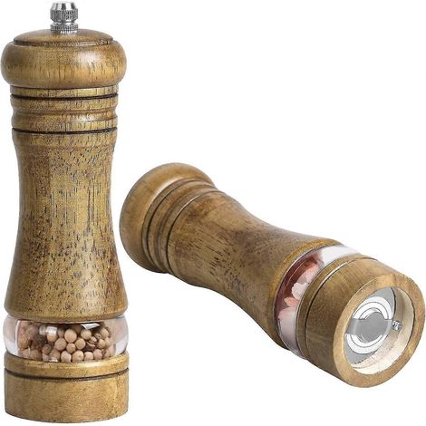 Moulin à sel et à poivre, lot de 2, moulin à sel et à poivre manuel en bois de 16,5 cm avec broyeur en céramique réglable et panneau en acrylique transparent (1/5)