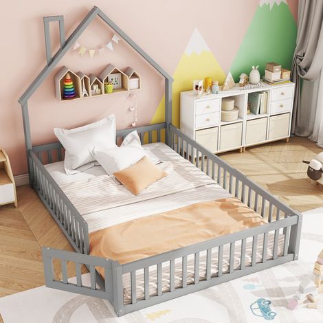 Lit Enfant 140×200 cm, Lit Simple avec Barrières de Sécurité et Design Cheminée, sans Matelas, en Pin Gris