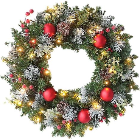 Couronne de Noël pour porte d'entrée avec 20 LED, guirlande lumineuse en PVC, alimentée par piles, boules de Noël, baies (1/5)