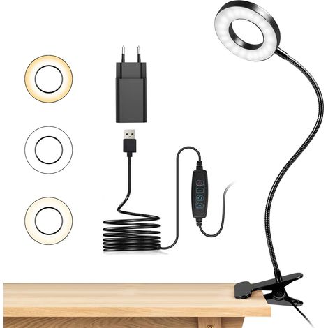 Flexible 360°-Klemm-Schreibtischlampe mit 48 LEDs, 3 Beleuchtungsmodi und 10 Helligkeitsstufen, USB-Stromversorgung für Studium und Arbeit, Schwarz [Energieklasse F] [Energieklasse E]