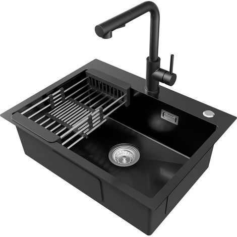 CECIPA MAX Ensembles d'évier de cuisine, 60 × 45 CM Évier de Cuisine 1 Bac Acier Inoxydable avec Extractible Mitigeur de Cuisine, Panier de Drainage, Anthracite (1/5)