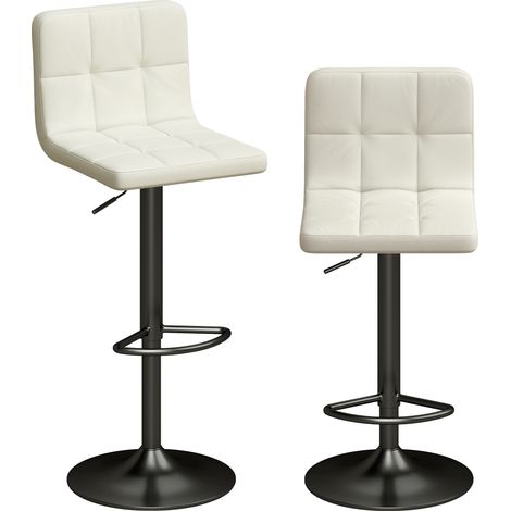 Set 2 Sgabelli da Bar Regolabili con Poggiapiedi, in Pelle PU e Acciaio, 39.5x44x88-110 cm, Crema
