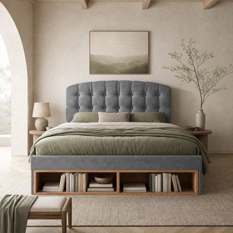 MEUBLIV Letto 140x190 cm grigio – testiera regolabile, contenitore, senza materasso (1/5)