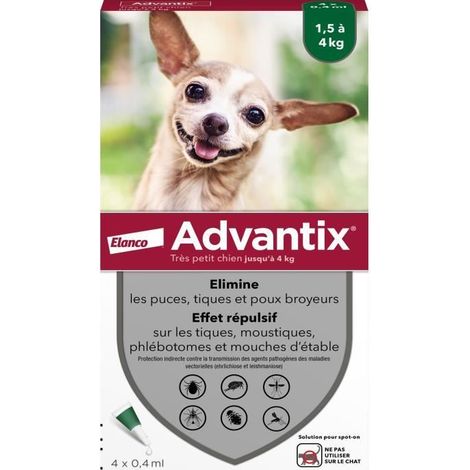 ADVANTIX 4 PIPETTES ANTIPARASITAIRES - POUR TRES PETIT CHIEN DE 1,5 A 4KG