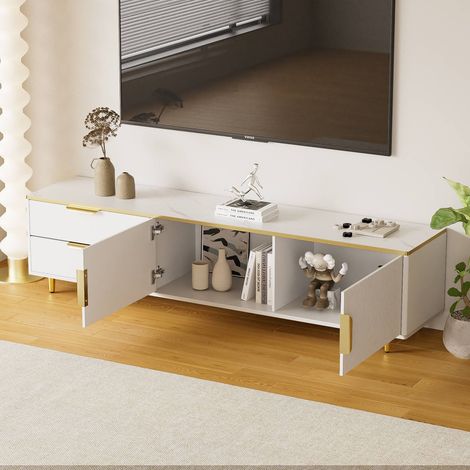 Meuble tv 170 cm avec texture sculptée effet marbre, poignées et pieds dorés, style moderne élégant (1/5)