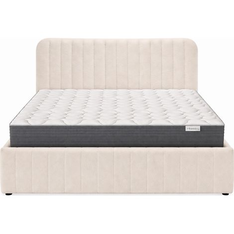 Ensemble Lit coffre adulte 160x200cm avec tête de lit en tissu bouclé beige - Ava + Matelas mémoire de forme - Memo HR (1/5)