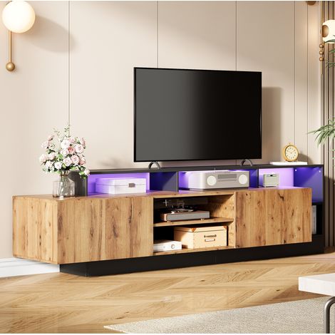 Meuble TV 190 cm avec LED rangements noir et chêne OKMYHOME (1/5)