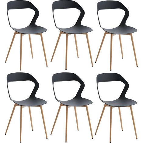6er Set Esszimmerstühle Nordisch mit Metallbeinen, Hohlrücken, Schwarz + Holz (1/5)