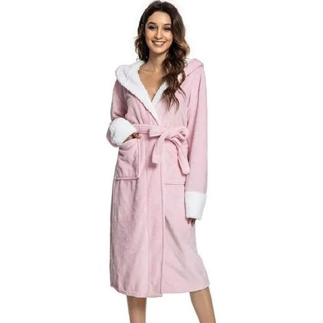 Peignoir à capuche en flanelle rose pour femme, idéal pour la maison ou l'hôtel, taille XL (1/4)