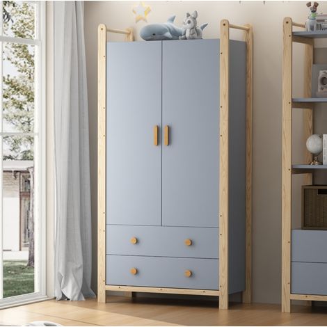 Conjunto de armario y estantería 90x44x180.5 cm y 70x44x180.5 cm azul y madera maciza con cajones y barra (1/5)