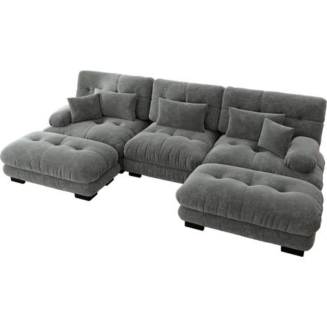 ELVMI Sofá modular de esquina con ottoman, asiento profundo, cojines lumbares, en chenilla, gris (1/5)