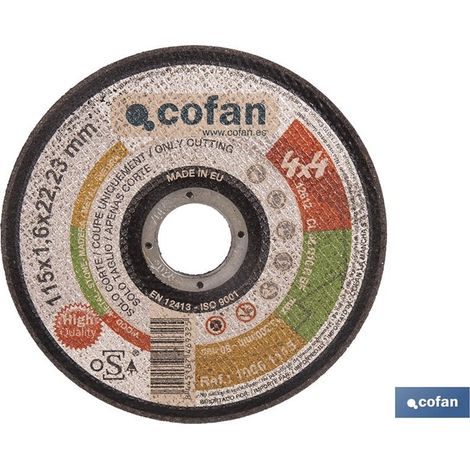 Disco de corte 4x4 de 115 mm, grosor 1,6 mm, certificado según norma ISO 9001:2000