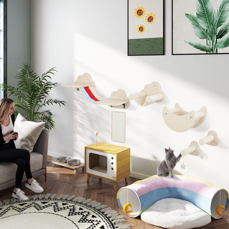 Juego de Escalada para Gatos de Pared de 6 Piezas con Hamacas Plataformas Tabla Rascador Escaleras y Estrellas Beige (1/5)