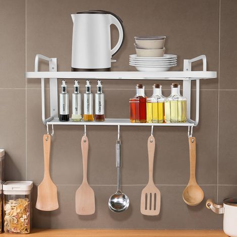 2-Stufiges Wand-montierte Mikrowelle Regal mit Bewegliche Laminate, Silbrig Metall Mikrowellenhalter mit 10 Haken, Mikrowellenhalterung Hängenden Mini Backofen Halterung für Küchenablagen Organizer (1/5)