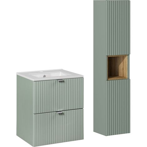 Conjunto de muebles lavabo individual encastrado 50cm 2 cajones y columna Jade Verde y Madera