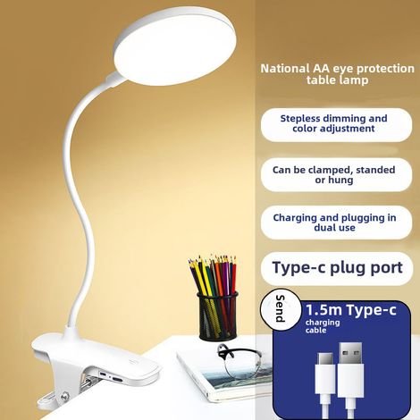 USB-C Schreibtischlampe mit Klemme und Ständer, Lernnachtlicht mit Augenschutz, Nachttischlampe für kleine Studentenzimmer, dimmbar (rundes Kabel [Ladekabel] mit akustischem Signal zum Dimmen, 1,5 m). (1/5)