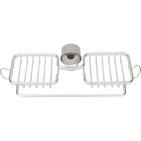 Étagère de rangement pour robinet en aluminium et plastique avec deux compartiments et barre porte-serviettes pour éponges et chiffons, couleur argent. (1/5)