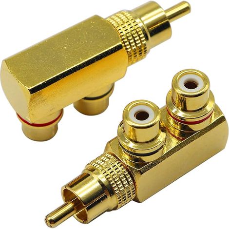 adaptateurs répartiteurs RCA mâle à Angle Droit 90 degrés vers 2 Prises RCA Femelles Audio Vidéo Connecteur en métal plaqué (1/3)