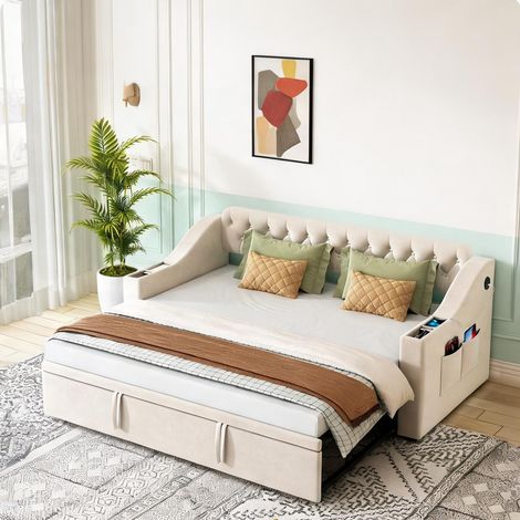 Cadre de lit beige en upholstered 215 x 98,5 x 78,5 cm (1/5)