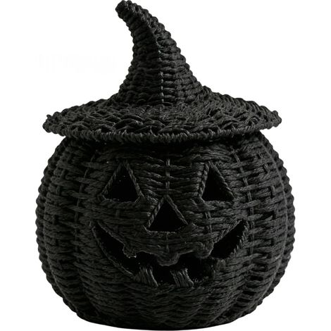 Cesta de almacenamiento de calabaza tejida a mano con junco marino negro y tapa extraíble en forma de sombrero de bruja: plato de dulces espeluznante para Halloween, centro de mesa de calabaza, decora