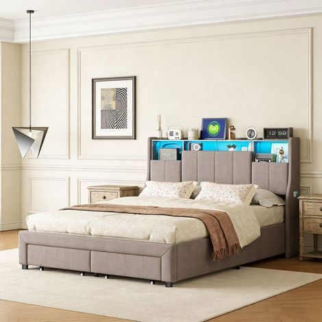 Cama 140x190 cm POCKETPOP, Cama Capitonnée, Cabecera de Lino, Cama Doble con Somier de Lamas, Cama para Adultos para 2