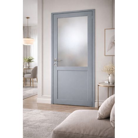 Bloc Puerta Athena Gris Claro Vitrificada H204 x L73 cm, Costado Tabla P. Izquierda, Manilla Pomerol GD MENUISERIES