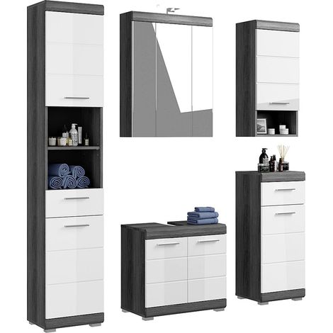 Badezimmermöbel Set 5-teilig modern in Hochglanz weiß mit grau SIROCO-158 (1/5)