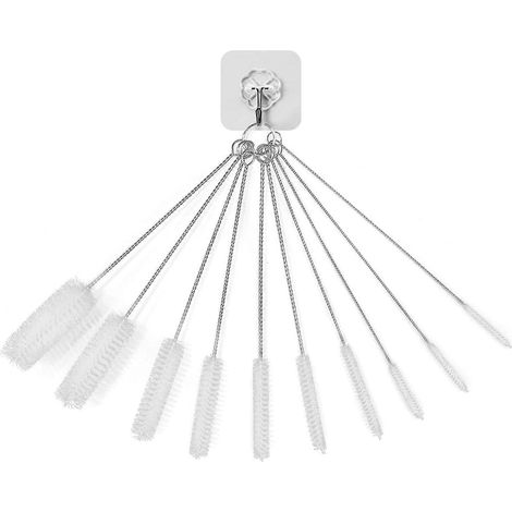 Lot de 10 brosses de nettoyage en nylon, 1 crochet pour petite brosse de nettoyage de tubes, goupillon en nylon pour nettoyer les pailles et les tubes de bouteilles (blanc) (1/5)