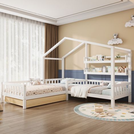 Cama infantil tipo casa en L blanca con cajones, estantes y barrera OKMYHOME